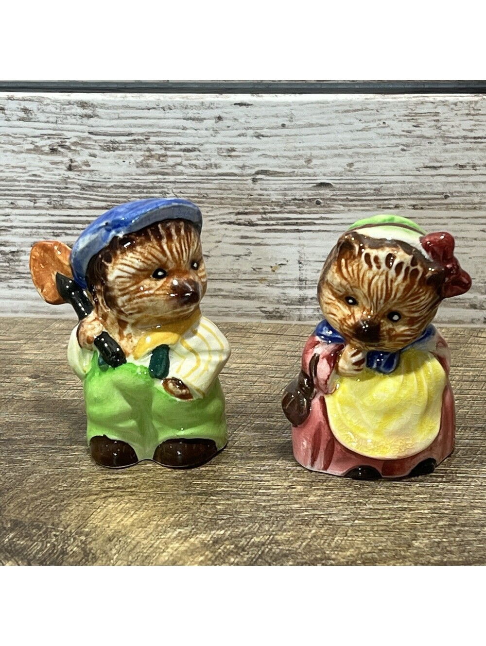 Vintage Japan Anthropomorphic Hedgehog Salt & Pepper Shakers Farmer Couple